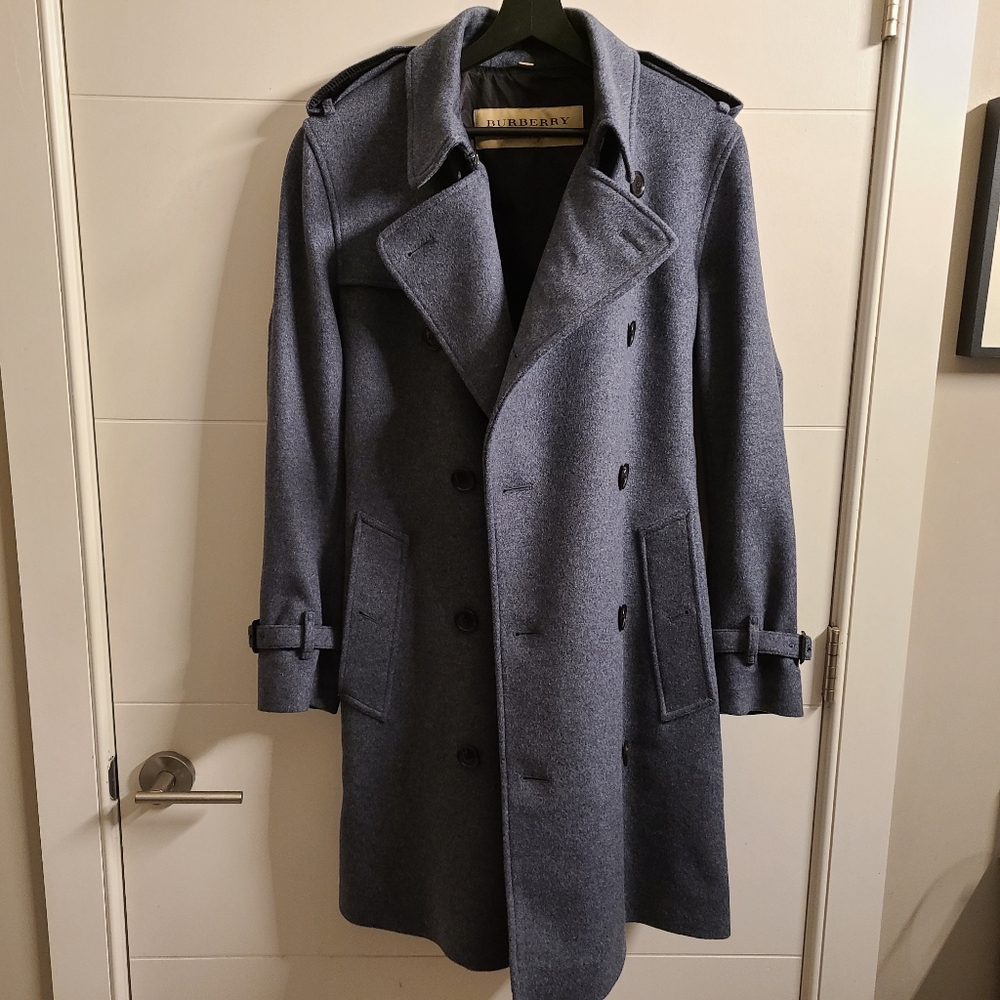 Mens Burberry Wool Cashmere Trench Coat, Pewter Melange, size 46